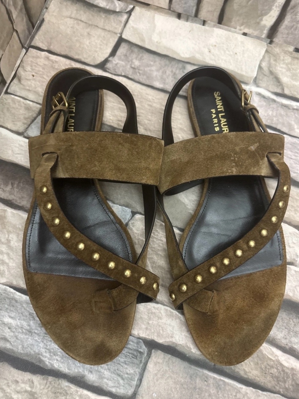 Women’s Saint Laurent Gia sandals brown suede- gold-tone stud Size 39 (US 8.5)